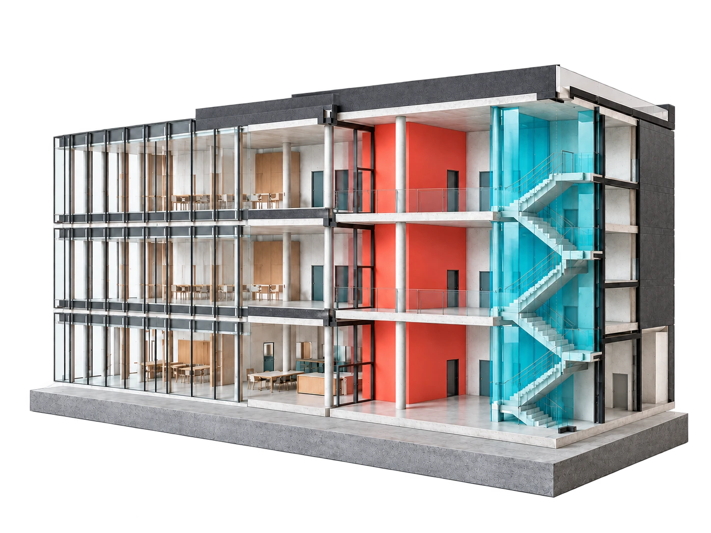 Fotorealistisches Architekturmodell: das zusammengefügte Gebäude mit Brandabschnitt und gläsernem Treppenraum.